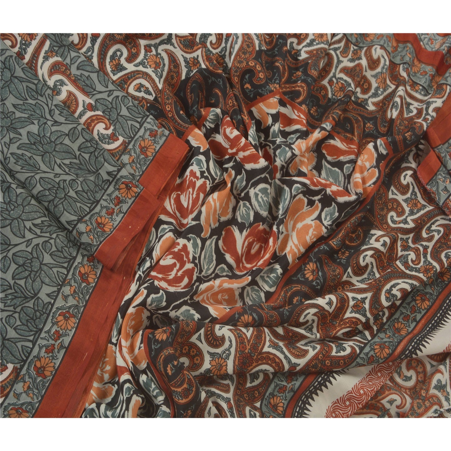 Sanskriti Vintage Cream Sarees Art Silk Floral Printed Craft Sustainable Fabric 5 Yard Sari