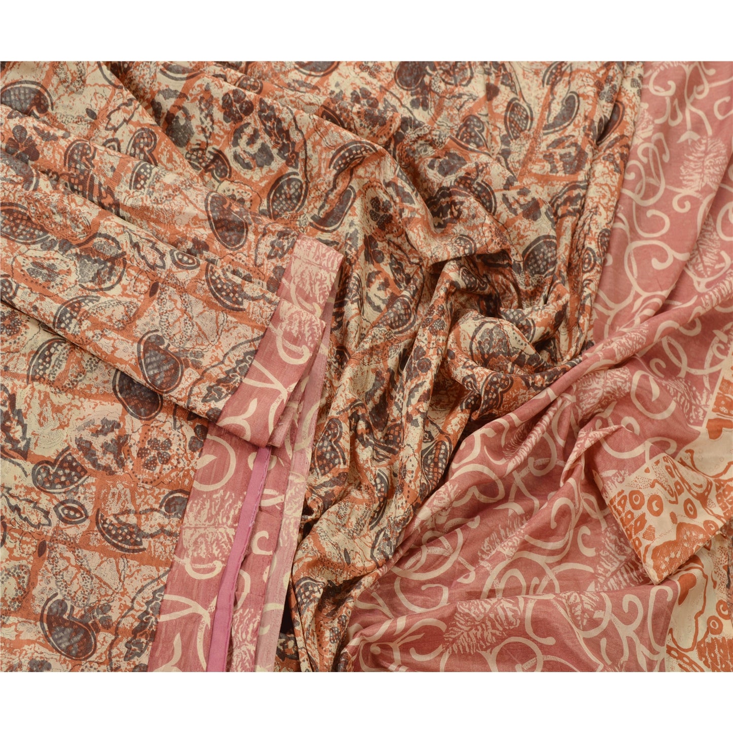 Sanskriti Vintage Cream Saree Art Silk Floral Printed Craft Sustainable Fabric 5 Yard Sari