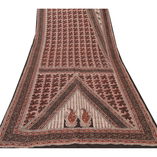 Sanskriti Vintage Cream Saree 100% Pure Silk Printed Craft 5 Yard Sustainable Fabric Sari