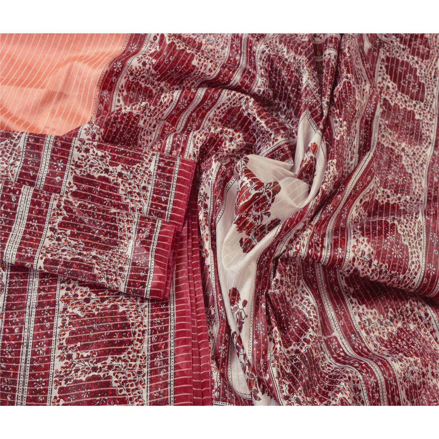 Sanskriti Vintage Peach Saree Art Silk Floral Printed Craft Sustainable Fabric 5 Yard Sari