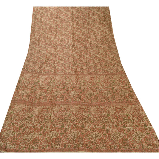 Sanskriti Vintage Cream Saree Pure Silk Printed Sari Craft Decor Soft Sustainable Fabric