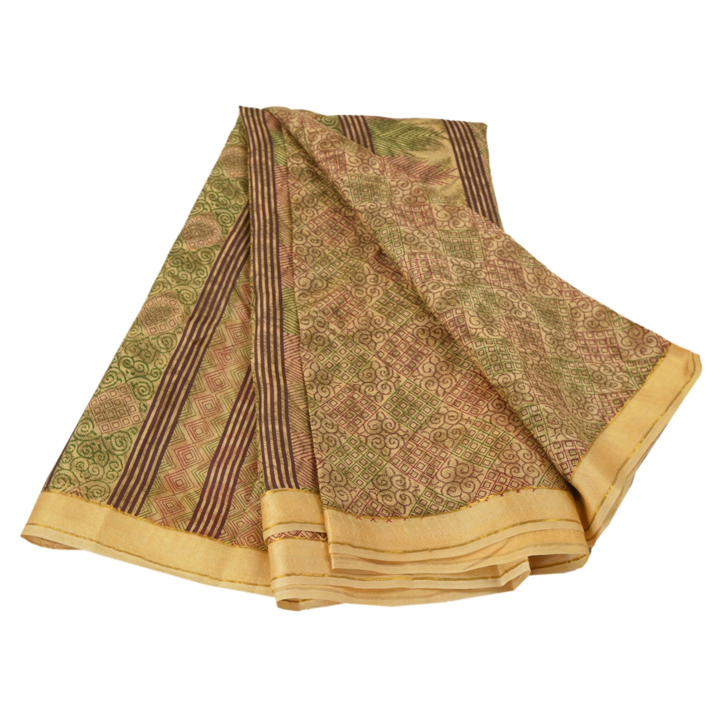 Sanskriti Vintage Cream Saree 100% Pure Silk Printed Sari Craft Decor 5Yd Sustainable Fabric
