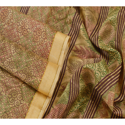 Sanskriti Vintage Cream Saree 100% Pure Silk Printed Sari Craft Decor 5Yd Sustainable Fabric