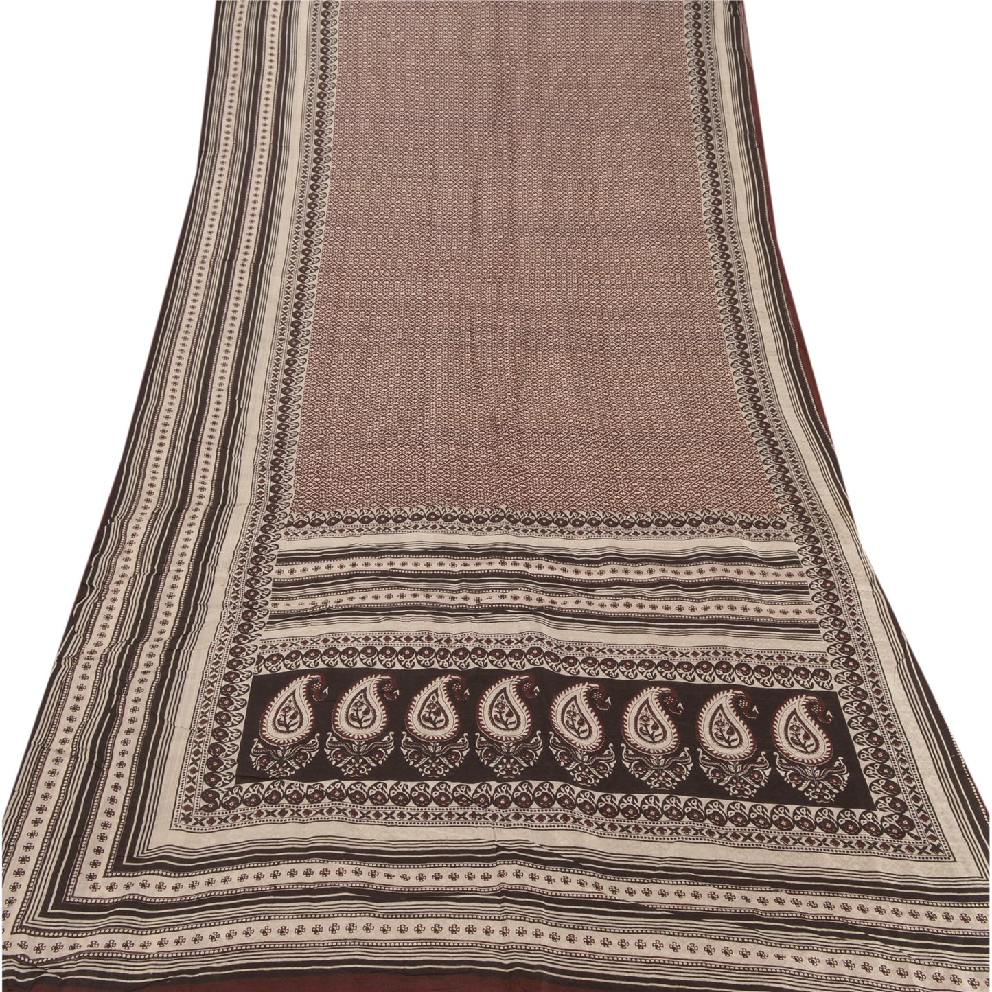 Sanskriti Vintage Indian Sari Brown Pure Silk Printed Sarees Sewing Craft Sustainable Fabric