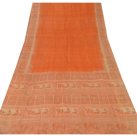 Sanskriti Vintage Sari Printed Pure Silk Decor 5 YD Sewing Sustainable Fabric Orange Saree
