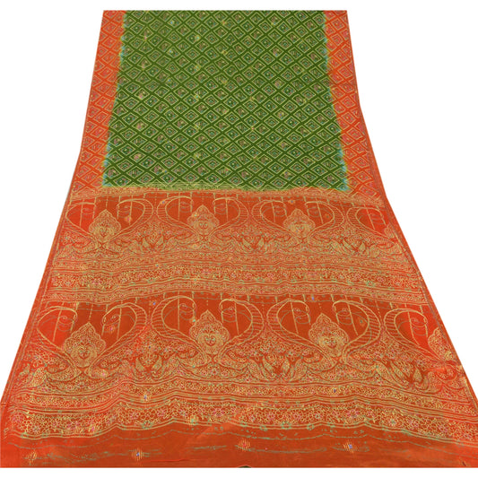 Sanskriti Vintage Green Sarees Bandhani Printed Blend Silk Sari 5YD Craft Sustainable Fabric