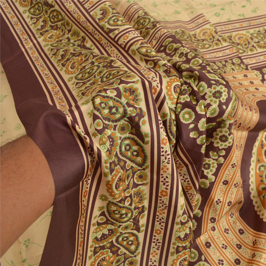 Sanskriti Vintage Cream Sari Art Silk Sustainable Fabric Craft Printed Sewing 5 Yard Sarees