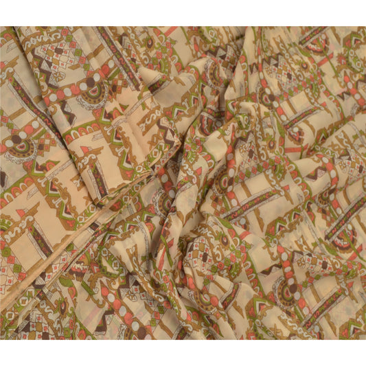 Sanskriti Vintage Cream Sarees Art Silk Printed Sari Craft Golden Border Sustainable Fabric