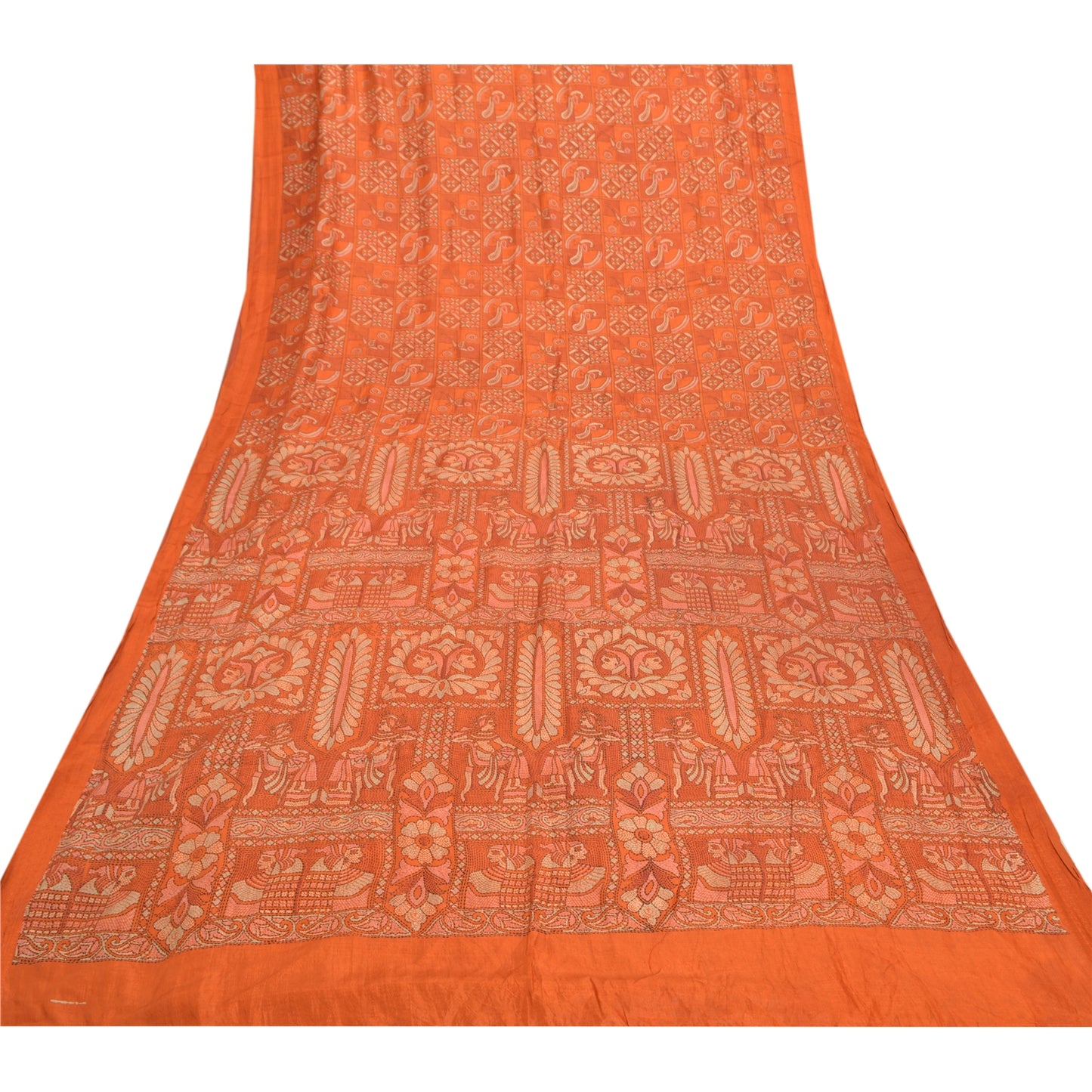 Sanskriti Vintage Orange Sarees Pure Silk Human Peacock Print Sari Craft Sustainable Fabric
