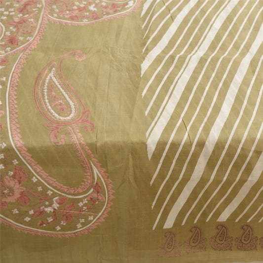 Sanskriti Vintage Green Sarees Pure Silk Paisley Printed Sari 5YD Craft Sustainable Fabric