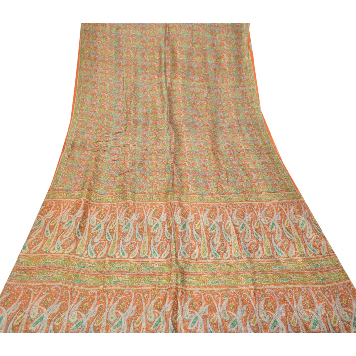 Sanskriti Vintage Orange Sarees 100% Pure Silk Printed Sari Floral Craft Sustainable Fabric