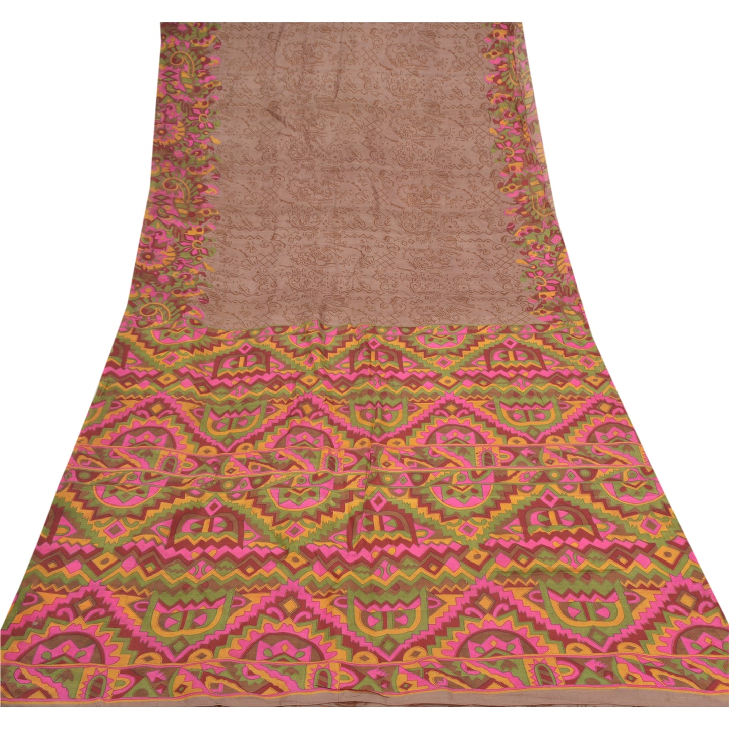 Sanskriti Vintage Brown Sarees Pure Silk Printed Sari Floral Soft Craft Sustainable Fabric