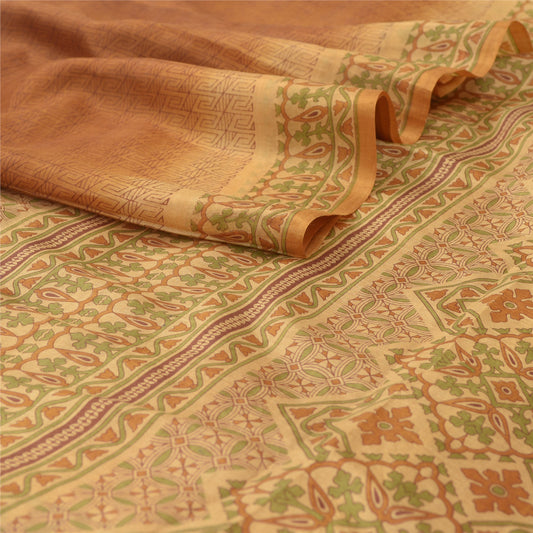 Sanskriti Vintage Brown Sarees Indian 100% Pure Silk Printed Sari Craft Sustainable Fabric