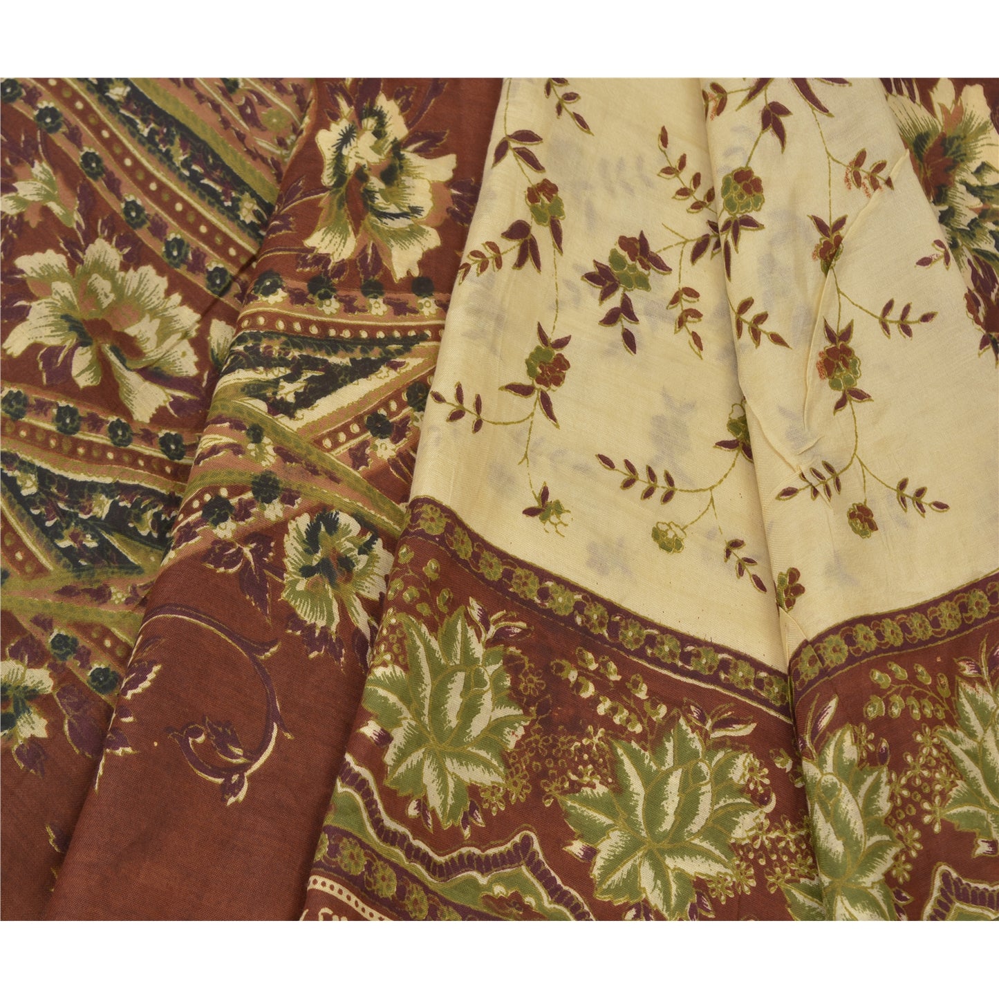 Sanskriti Vintage Brown Indian Sarees Cotton Silk Printed Sari 5yd Craft Sustainable Fabric