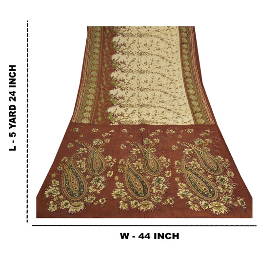 Sanskriti Vintage Brown Indian Sarees Cotton Silk Printed Sari 5yd Craft Sustainable Fabric