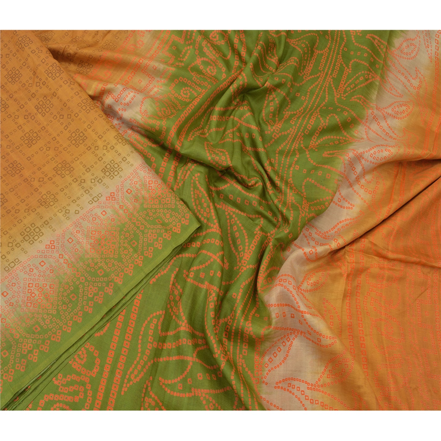 Sanskriti Vintage Green Sarees Pure Silk Bandhani Print Indian Sari Craft Sustainable Fabric