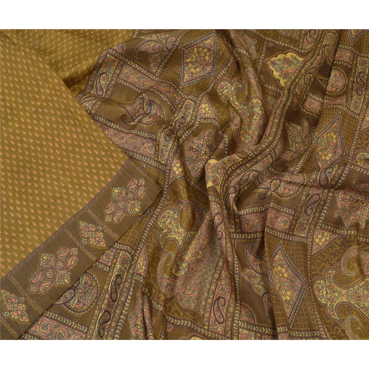 Sanskriti Vintage Grønne Sarier 100% Ren Silke Blomsterprintet Sari Håndværksmæssigt Bæredygtigt Stoff