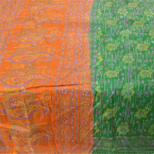 Sanskriti Vintage Green Sarees 100% Pure Silk Printed Sari Soft 5yd Craft Sustainable Fabric