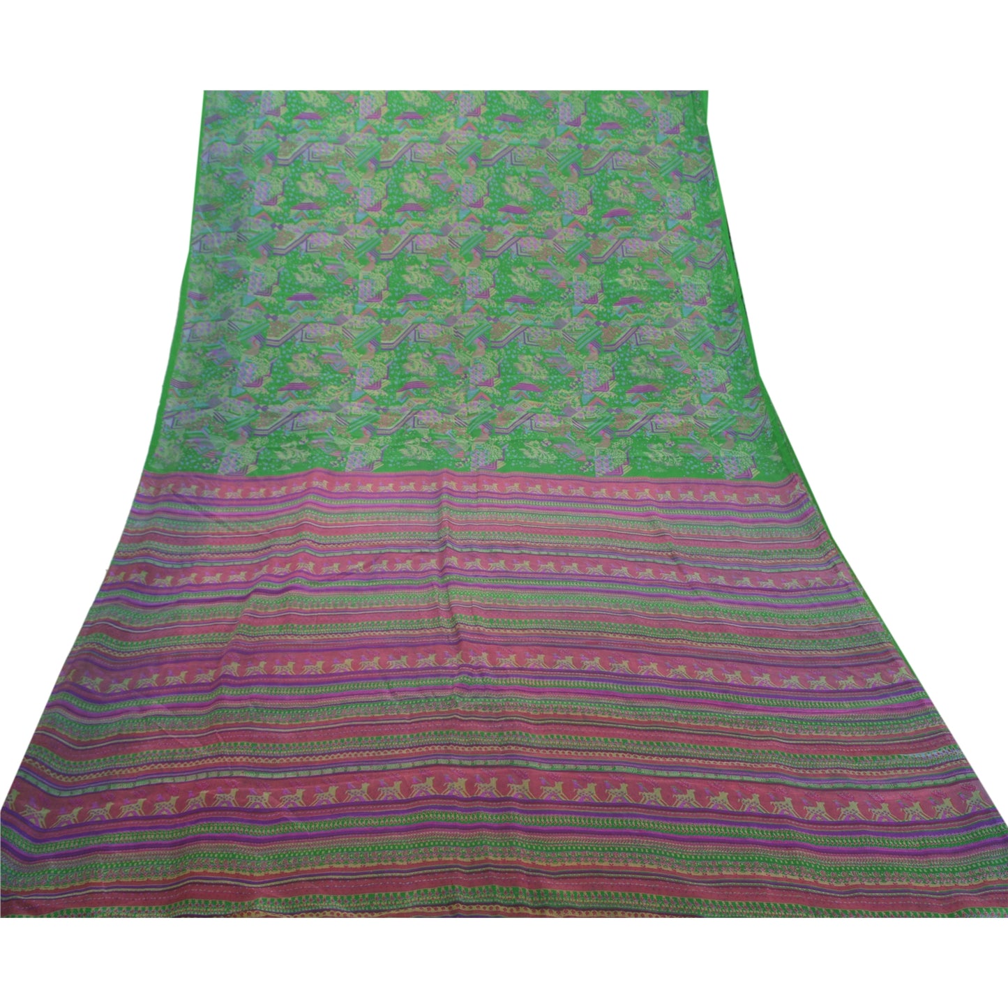 Sanskriti Vintage Green Indian Sarees 100% Pure Silk Printed Sari Craft Sustainable Fabric
