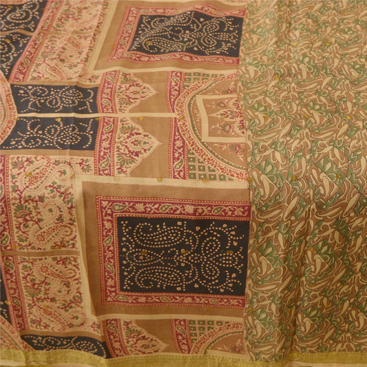 Sanskriti Vintage Brown Sarees Pure Silk Printed Zari Border Sari Craft Sustainable Fabric