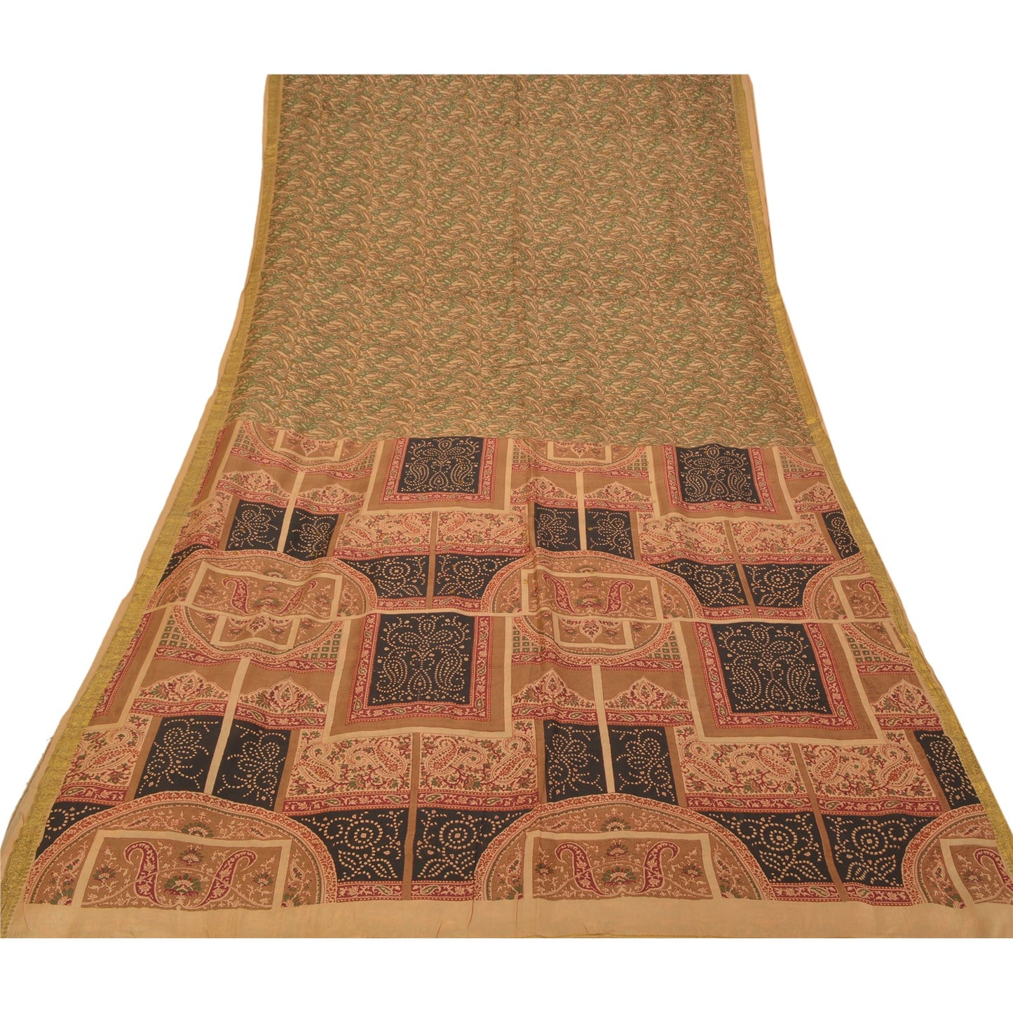 Sanskriti Vintage Brown Sarees Pure Silk Printed Zari Border Sari Craft Sustainable Fabric