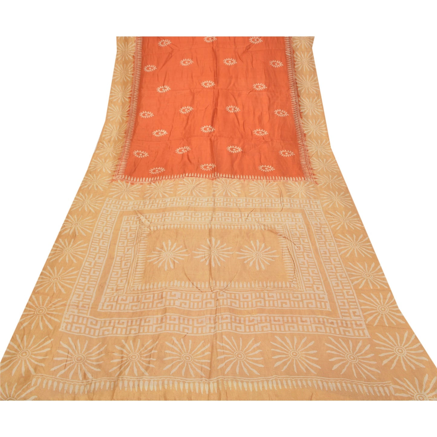 Sanskriti Vintage Orange Indian Sarees 100% Pure Silk Printed Sari Craft Sustainable Fabric