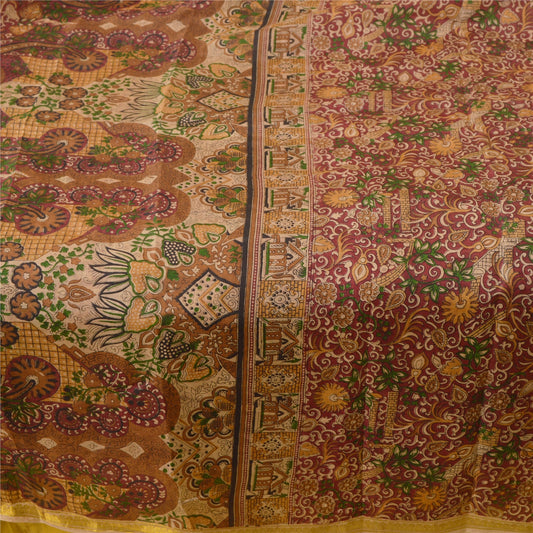 Sanskriti Vintage Brown Sarees Pure Silk Printed Zari Border Sari Craft Sustainable Fabric