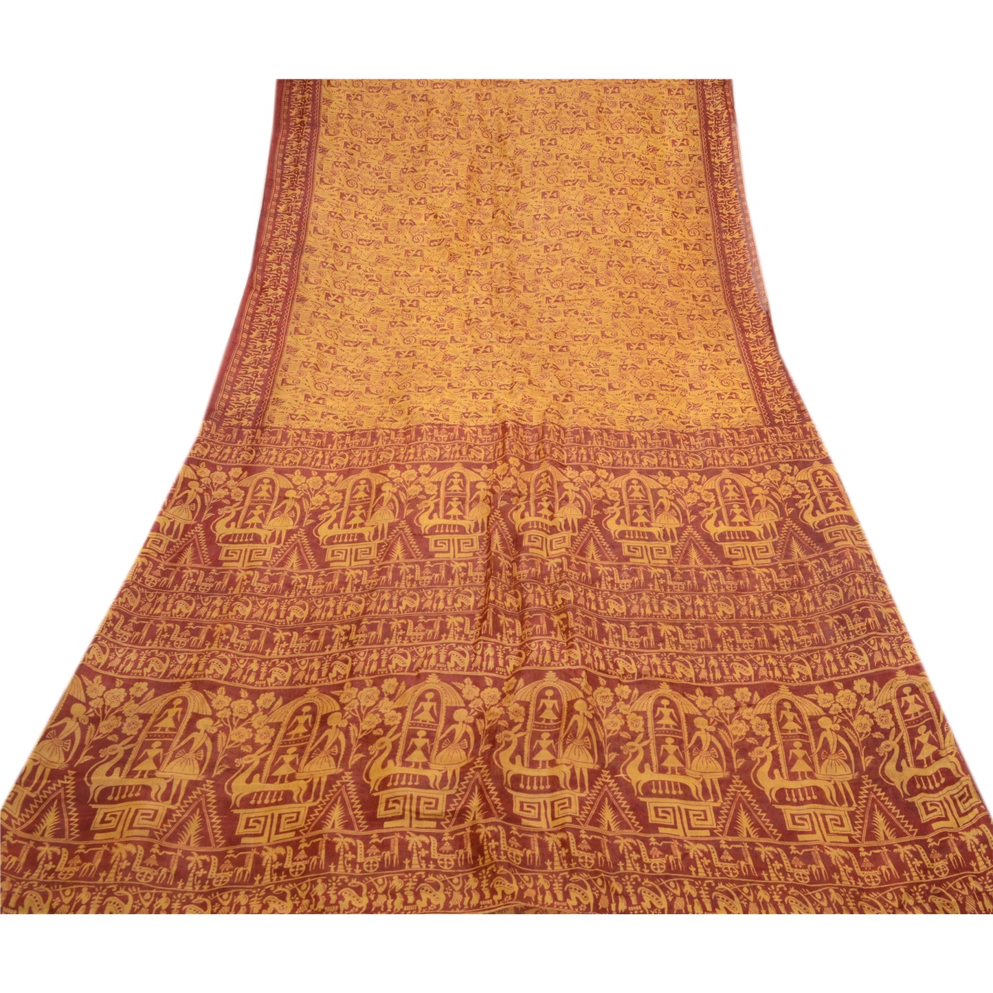 Sanskriti Vintage Yellow Sarees Pure Silk Wali Art Printed Sari 5yd Craft Sustainable Fabric