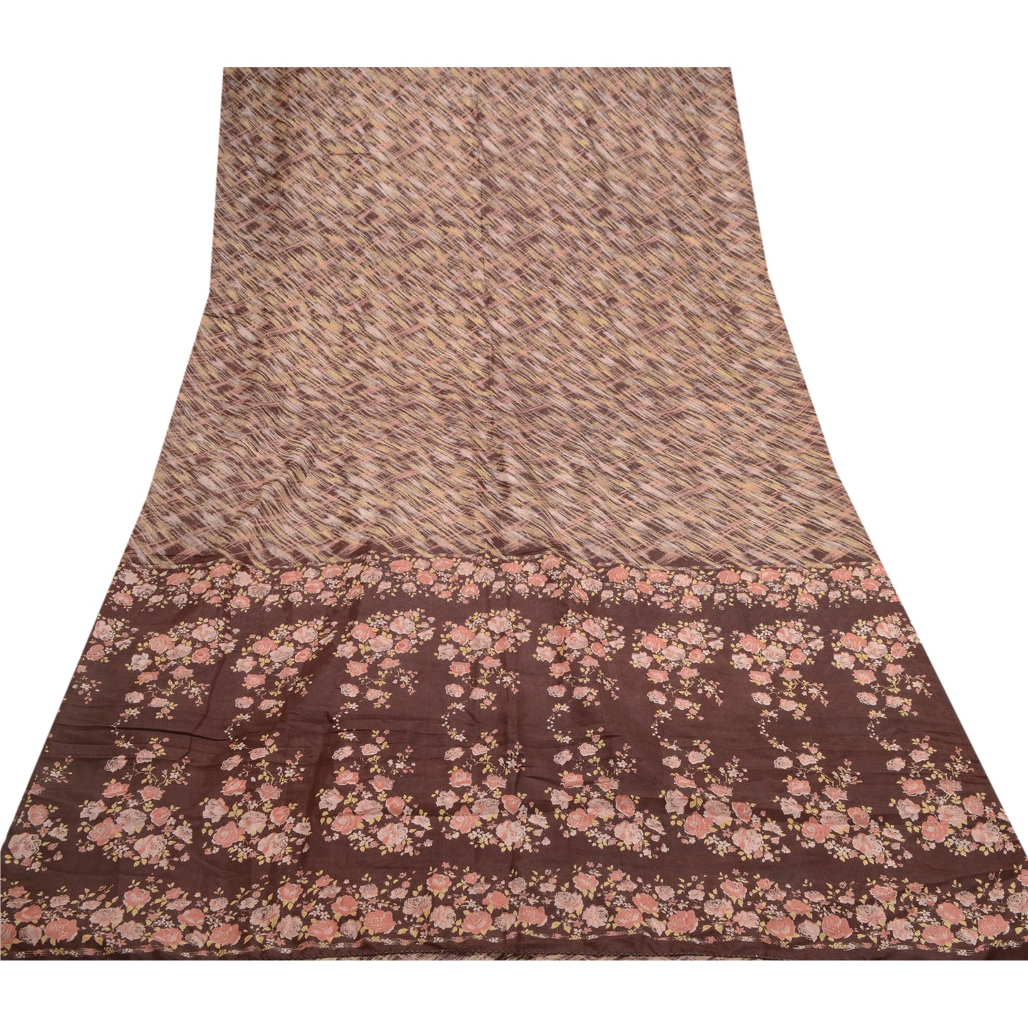 Sanskriti Vintage Coffee-Brown Sarees Pure Silk Floral Printed Sari Craft Sustainable Fabric