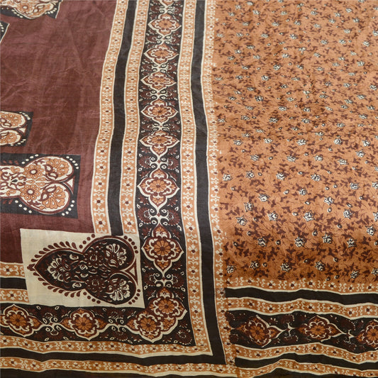 Sanskriti Vintage Brown Sarees Pure Silk Printed Sari Craft 5 Yard Soft Sustainable Fabric