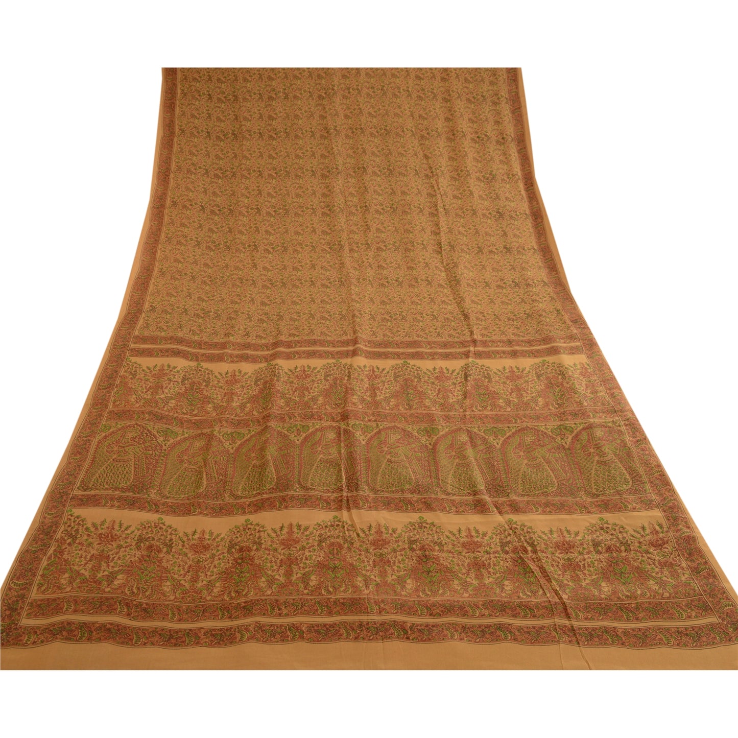 Sanskriti Vintage Salted Caramel Pure Silk Sarees Printed Sari 5yd Craft Sustainable Fabric