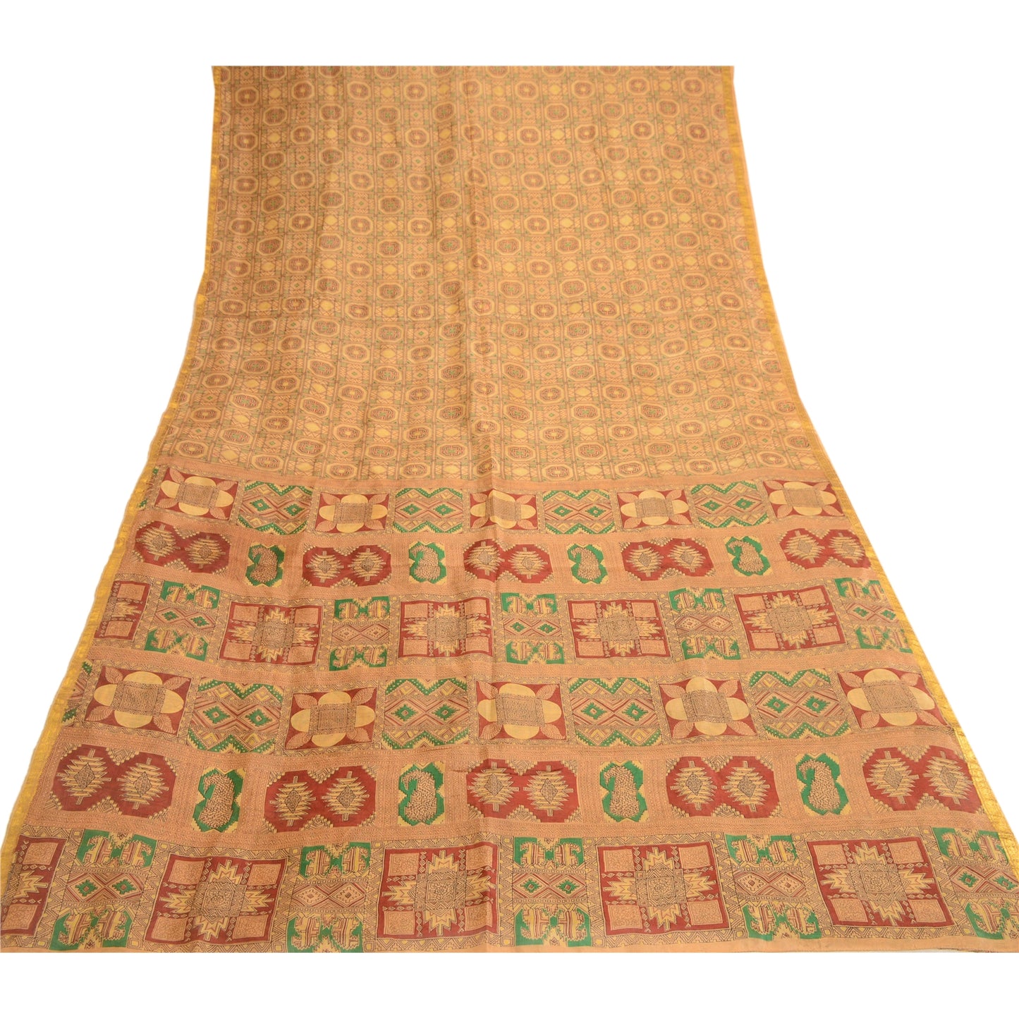 Sanskriti Vintage Brown Indian Pure Silk Sarees Printed Sari 5yd Craft Sustainable Fabric