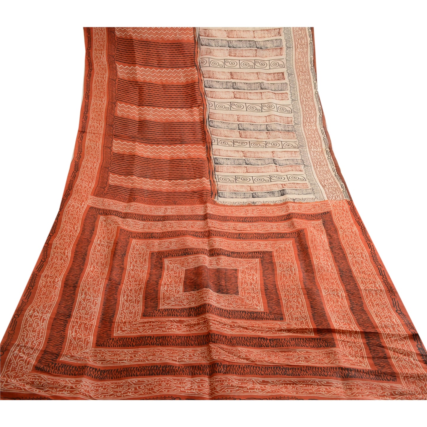 Sanskriti Vintage Orange Indian Pure Silk Sarees Printed Sari 5yd Craft Sustainable Fabric