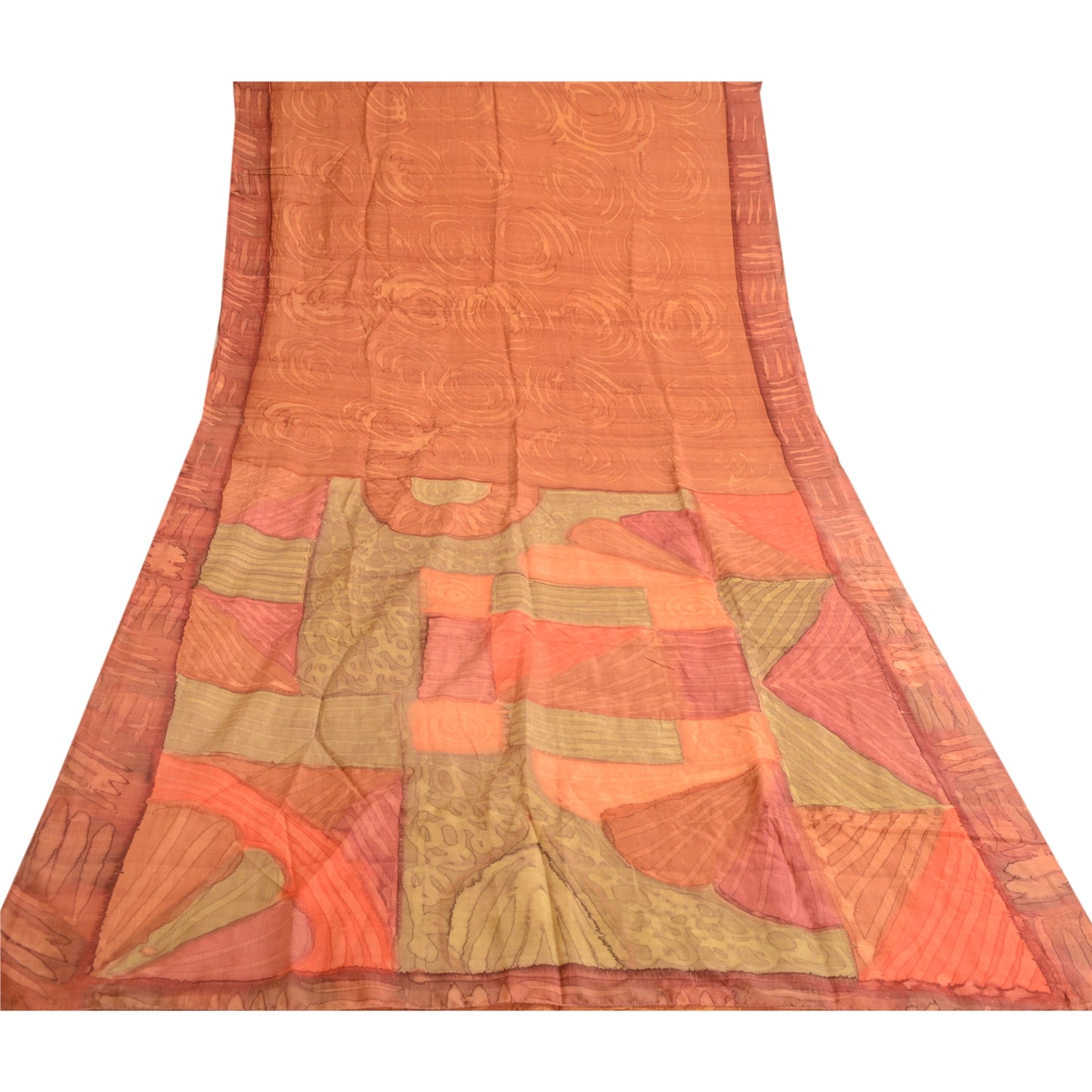 Sanskriti Vintage Sarees Dark Peach Pure Silk Printed Sari Craft 5YD Sustainable Fabric