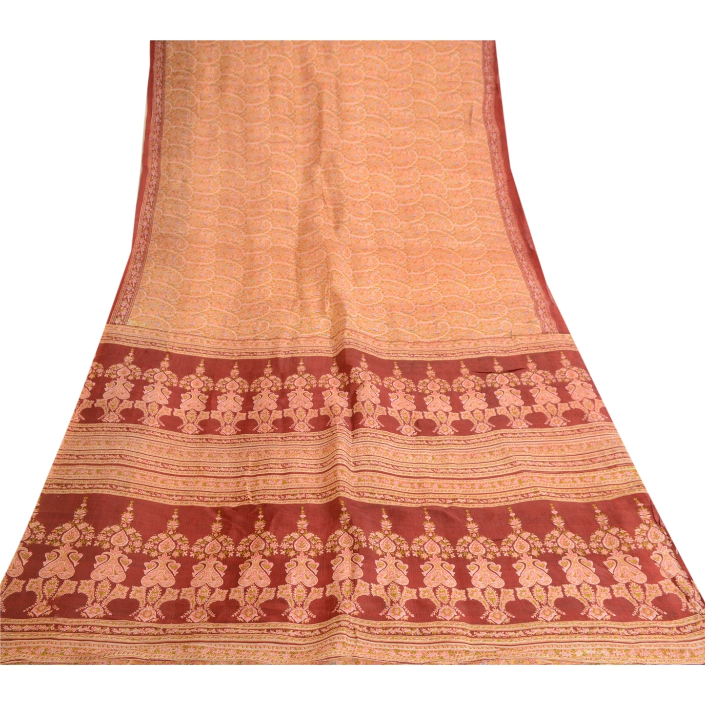 Sanskriti Vintage Cream Indian Sarees Pure Silk Printed Sari Floral Craft Sustainable Fabric
