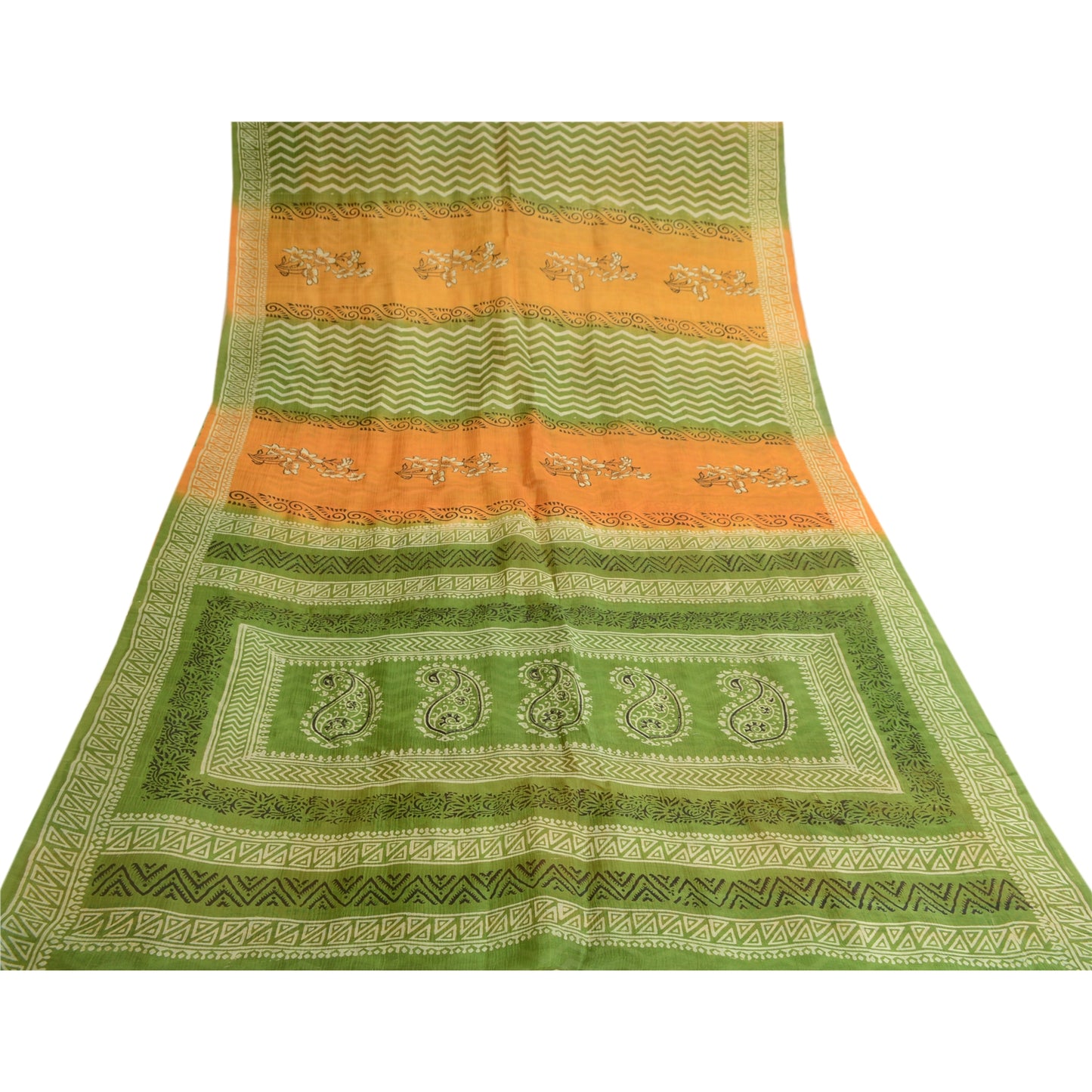 Sanskriti Vintage Green Printed Sarees Pure Silk Sari Floral 5yd Craft Sustainable Fabric