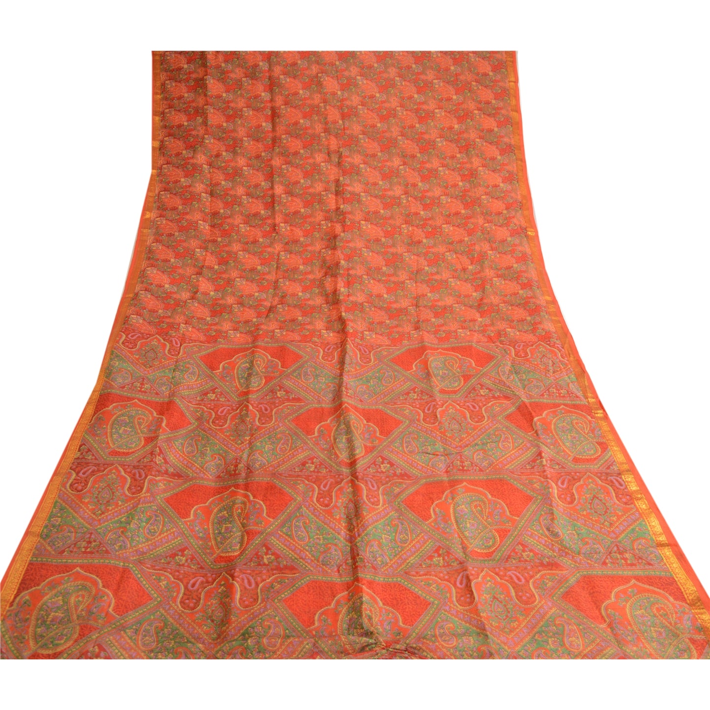 Sanskriti Vintage Red Printed Zari Border Sarees Pure Silk Sari 5yd Craft Sustainable Fabric