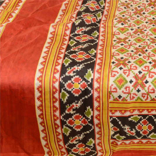 Sanskriti Vintage Red Sarees Pure Silk Ikat Printed Sari 5yd Soft Craft Sustainable Fabric