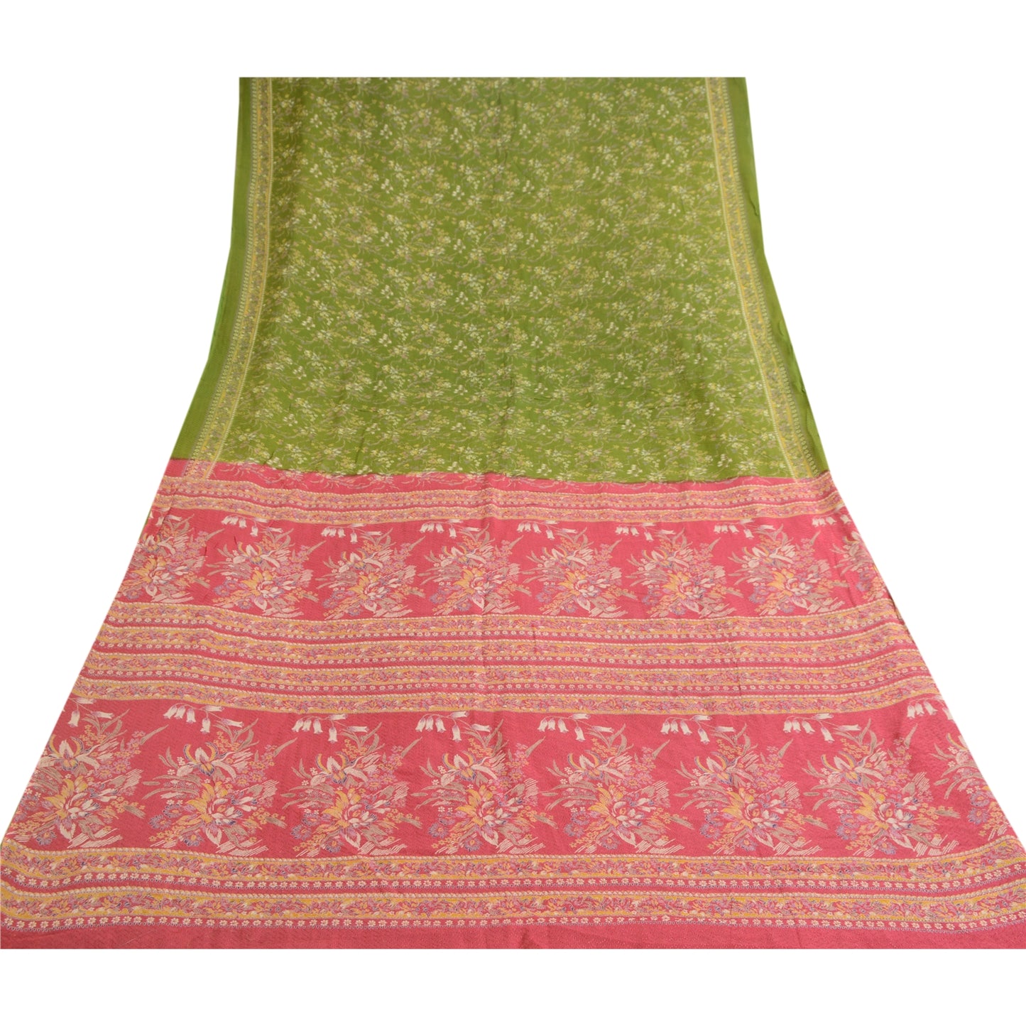 Sanskriti Vintage Green Sarees Printed Woven Pure Silk Sari 5yd Sewing Sustainable Fabric