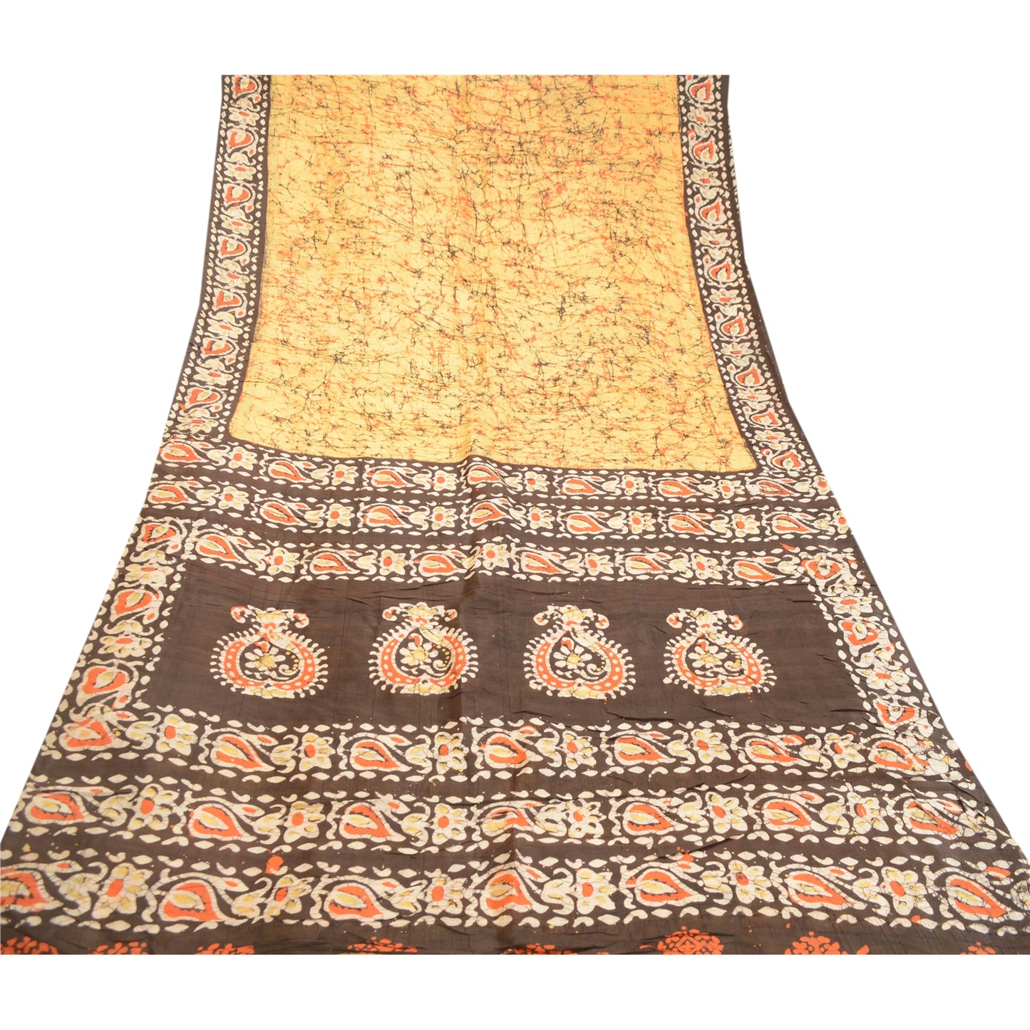 Sanskriti Vintage Cream Batik Printed Sarees Indian Pure Silk Sari Craft Sustainable Fabric