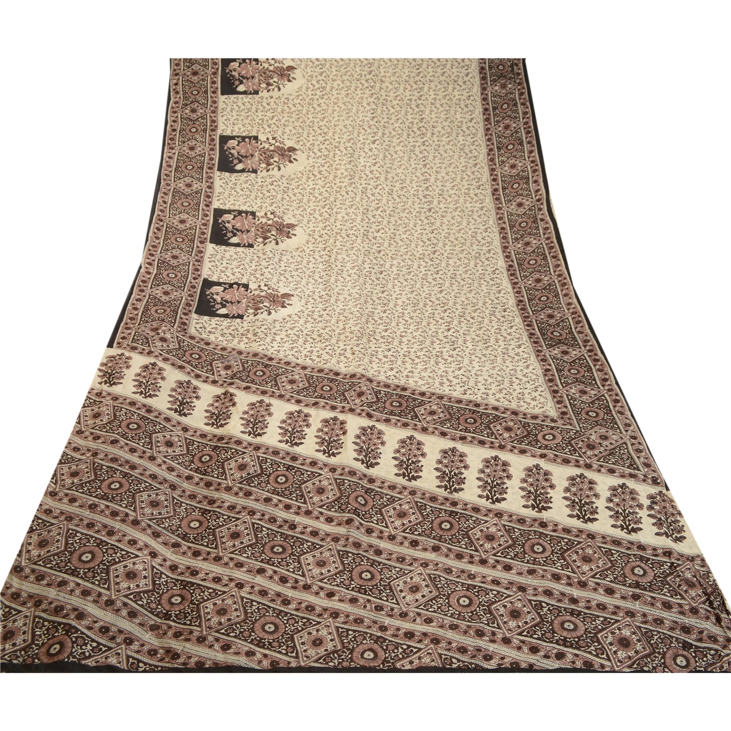 Sanskriti Vintage Brown Sarees Pure Silk Printed Sari 5yd Floral Craft Sustainable Fabric
