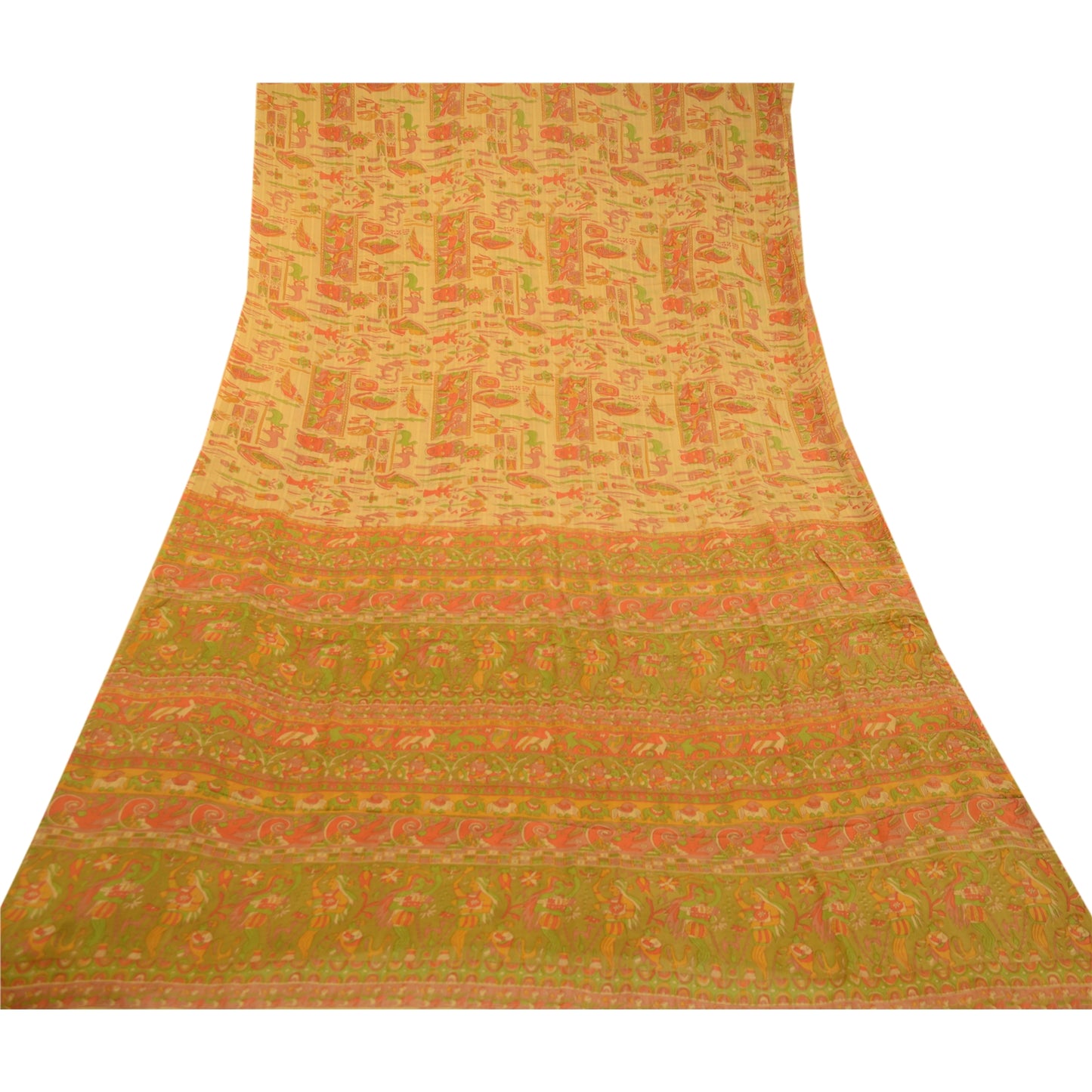 Sanskriti Vintage Beige Sarees Pure Silk Human Animal Printed Sari Craft Sustainable Fabric