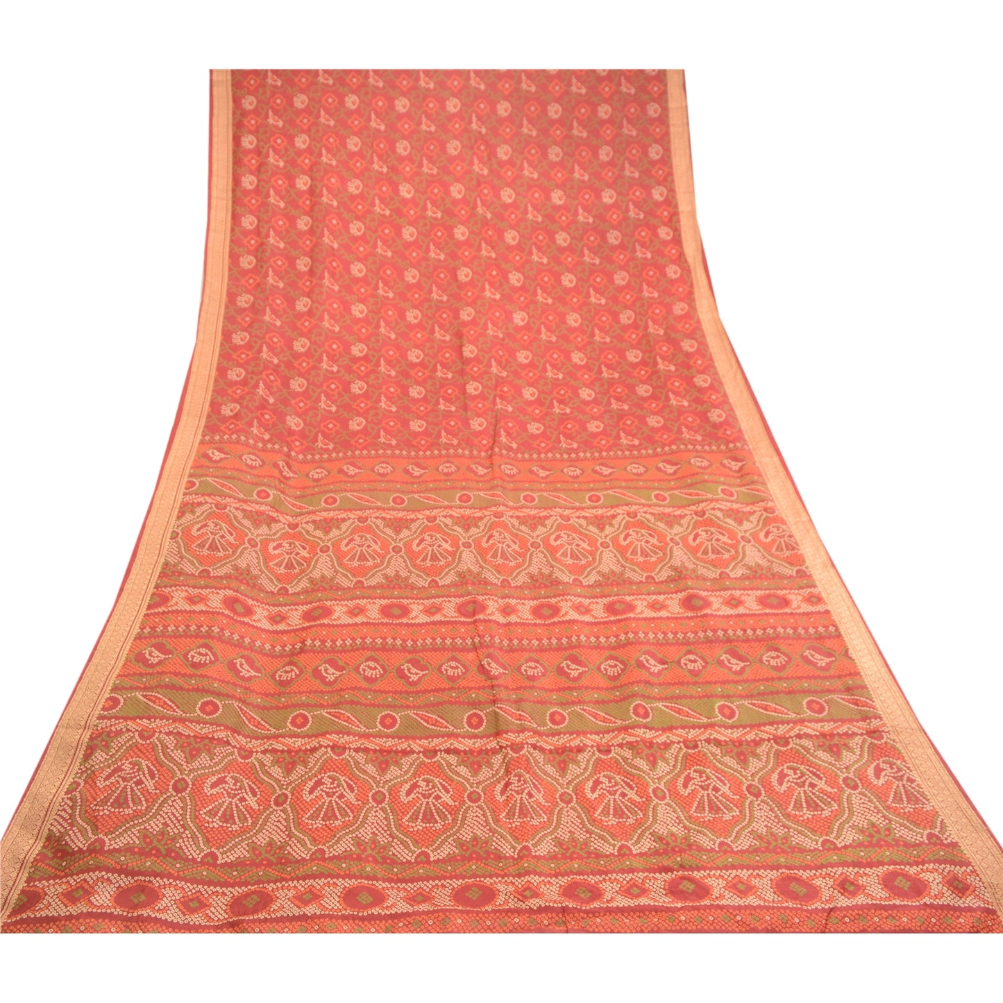 Sanskriti Vintage Red Bandhani Sarees Pure Silk Printed Sari 5yd Craft Sustainable Fabric