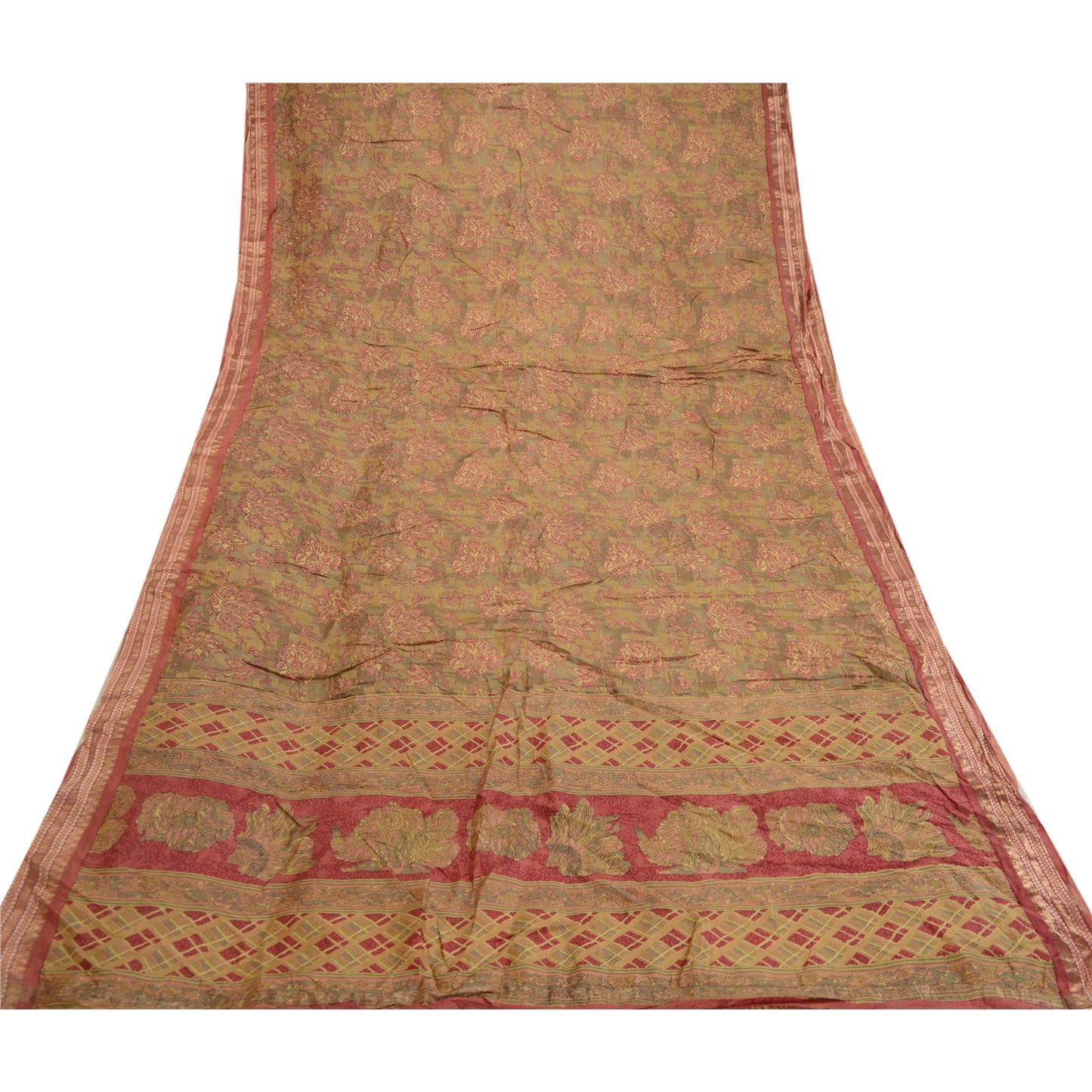 Sanskriti Vintage Green Indian Sarees Pure Silk Printed Sari 5yd Craft Sustainable Fabric