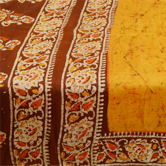 Sanskriti Vintage Saffron Sarees Pure Silk Batik Work Sari Craft 5 Yard Sustainable Fabric