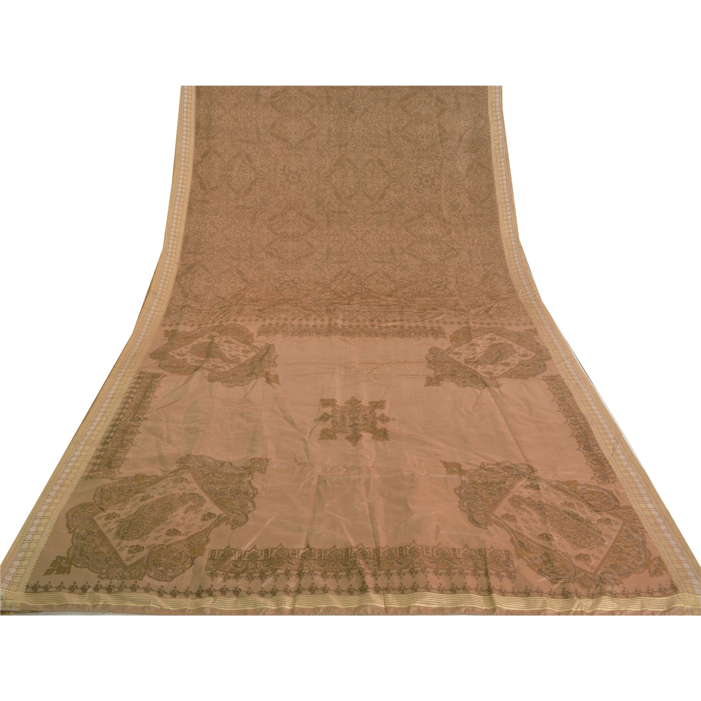 Sanskriti Vintage Brown Printed Sarees Pure Silk Sari printed 5yd Craft Sustainable Fabric