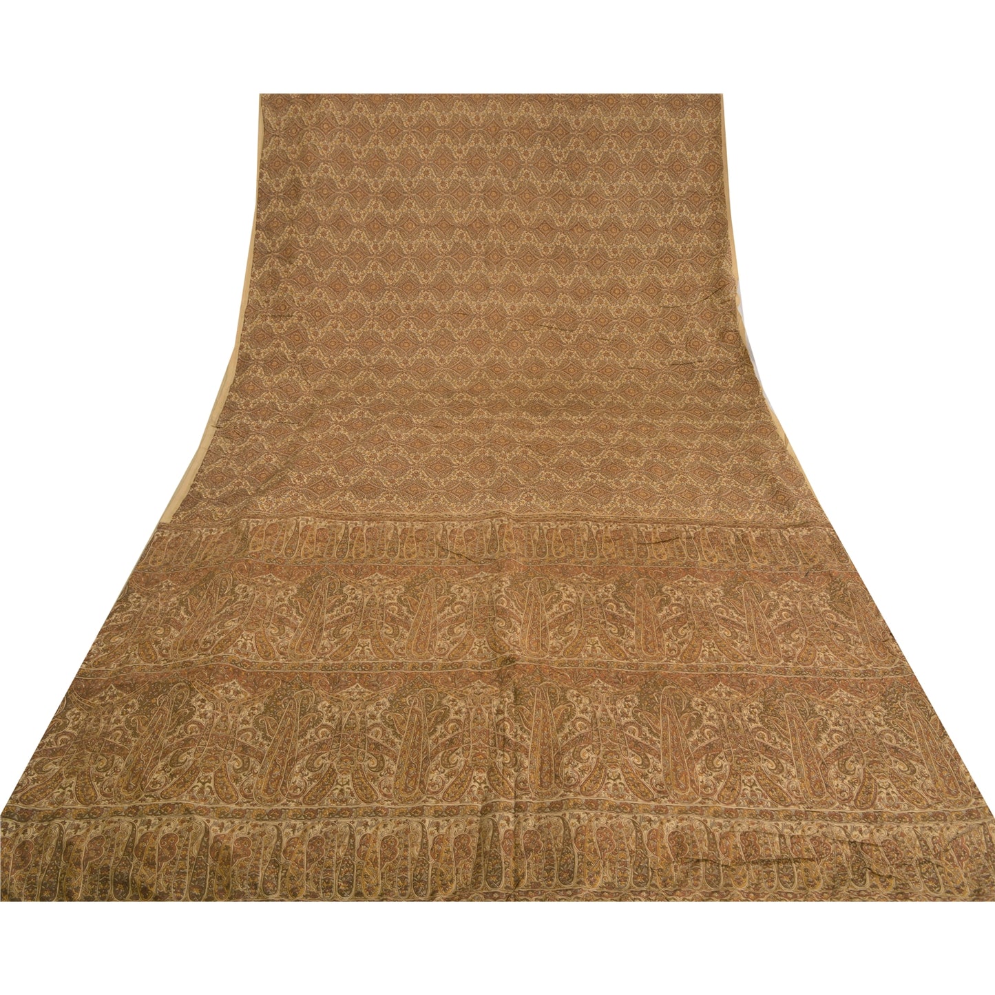 Sanskriti Vintage brown Printed Sarees Pure Silk Sari floral 5YD Craft Sustainable Fabric