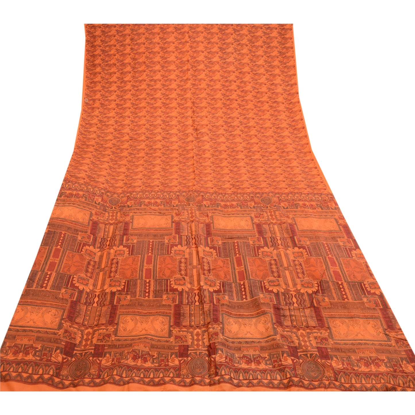 Sanskriti Vintage Saffron Indian Sarees Printed Pure Silk Sari 5yd Craft Sustainable Fabric