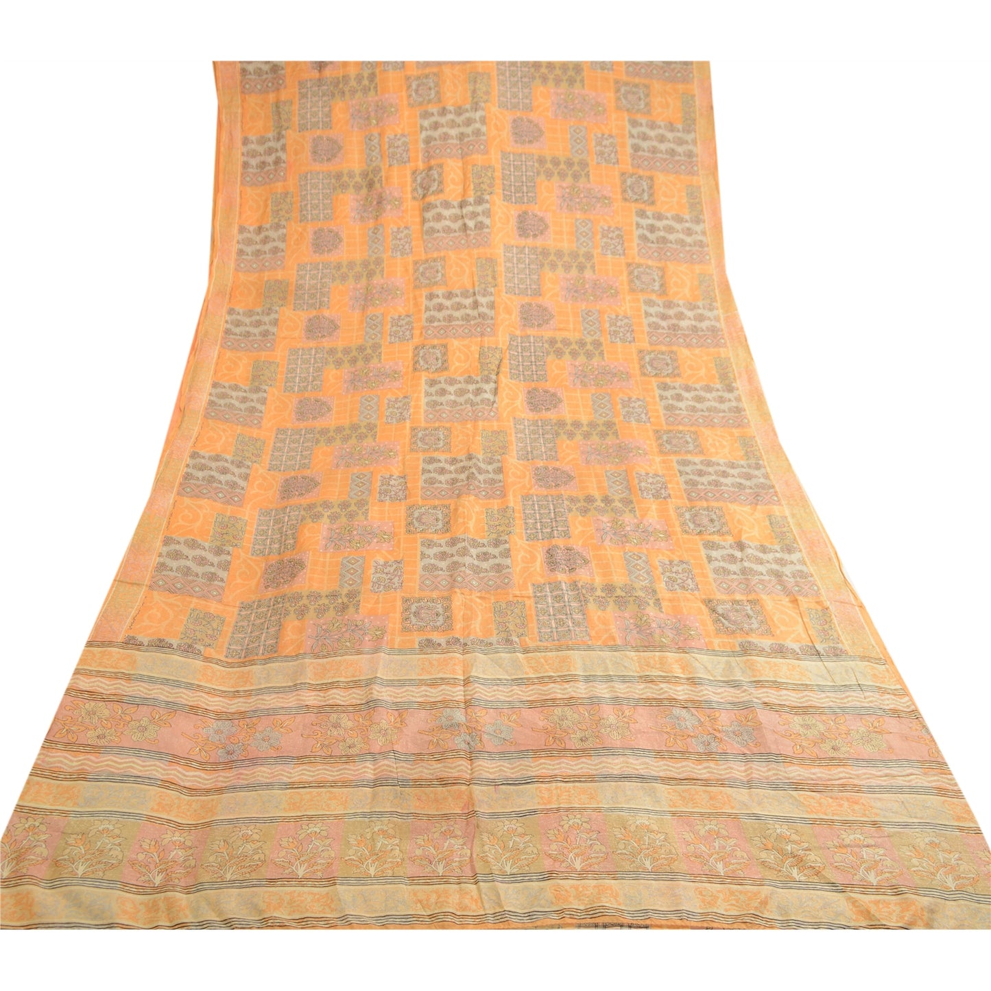 Sanskriti Vintage Peach Sarees Indian Pure Silk Printed Sari Floral Craft Sustainable Fabric