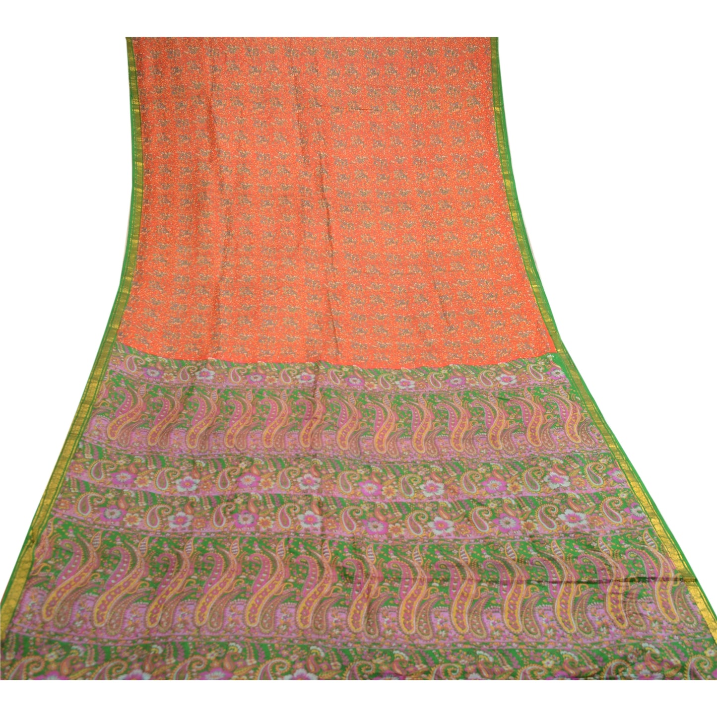 Sanskriti Vintage Orange Sarees Indian Pure Silk Printed Sari 5yd Craft Sustainable Fabric